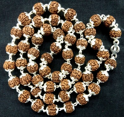 #ad Rudraksha Chikna Pathri Beads Mala in Pure Silver 8mm 54 Beads Certified $190.00