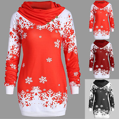 #ad UK Womens Christmas Snowflake Ladies Xmas Santa Long Sleeve Mini Smock Dress $12.59
