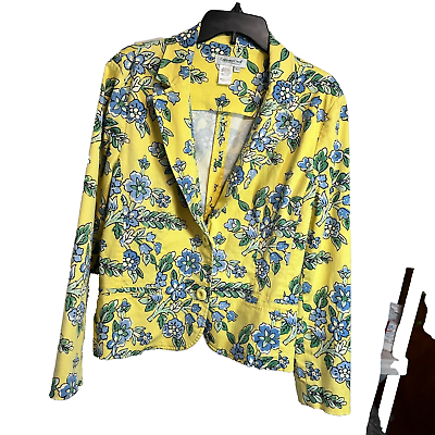 #ad Coldwater Creek Jacket Size L Yellow Floral Blazer Cotton Blend $12.95