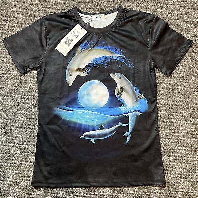 #ad X:QS Mens 3D T Shirt Size Xs Graphic Dolphin Full Moon Brand New Polyester Blend $7.58