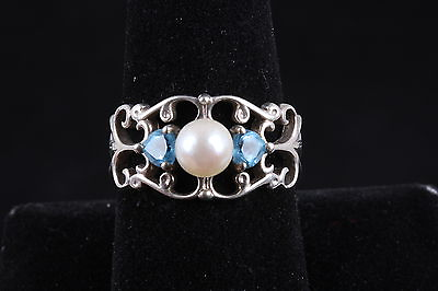 #ad PO STERLING SILVER PEARL amp; BLUE FACETED CRYSTALS RING SIZE 8 925 FINE 0373 $40.00