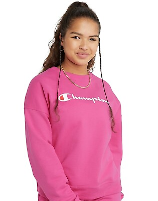 Champion Women#x27;s Sweatshirt Fleece Relaxed Crew Script Logo Pink Size Large New $16.96