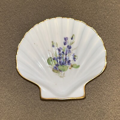 #ad Limoges Chamart Clam Shell Dish Made in France Violets and Gold Trim 5 1 2quot; x 5quot; $9.99