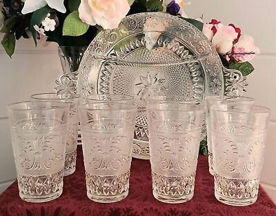 #ad 1920 DUNCAN amp; MILLER 8 ICED TEA TUMBLERS 1 TRAY DECORATIVE SANDWICH LACEY GLASS $89.50