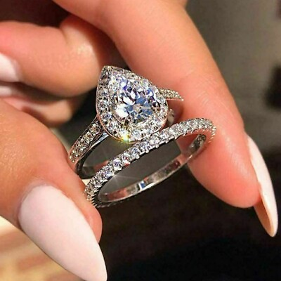 #ad Women Fashion 2pcs set Cubic Zirconia Rings 925 Silver Jewelry Size 6 10 C $3.88