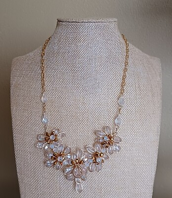 #ad Vtg Goldtone Clear Lucite amp; Gold Mirrored Beaded Cluster Floral Wired Necklace $25.00