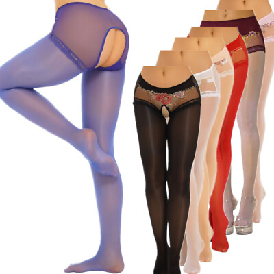 #ad US Women#x27;s Oil Silk Sheer Pantyhose Hollow Out Suspender Thigh High Stockings $9.16