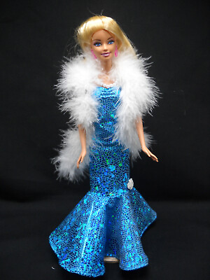 #ad Shiny Aqua Blue Sheath Dress Fits Barbie Doll Handmade with Boa and Necklace * $9.34