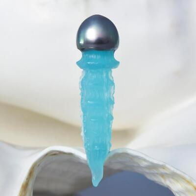 #ad Spectacular Jellyfish Black Tahitian Baroque Pearl Blue Chalcedony Carving 4.73g $214.00
