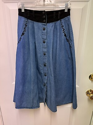 #ad Capacity Petites Medium Blue Denim 100% Cotton Skirt Button Front Embroidery $14.95