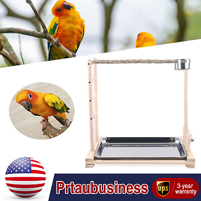 #ad Wooden Bird Stand Rack Large Parrot Perch Playstand with Steel Tray 2*Food Cup $42.75