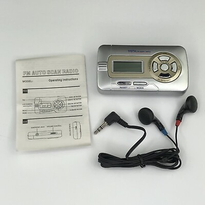 #ad Small Portable Digital FM Auto Scan Radio and Earphones Silver Vintage $10.99