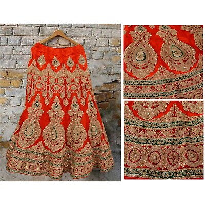 #ad Sanskriti Vintage Red Long Skirt Net Mesh Hand Beaded Ethnic Stitched Lehenga $126.20