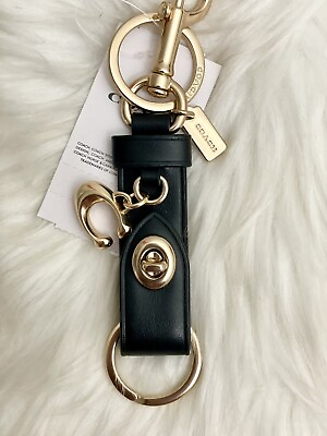 #ad Coach Leather Trigger Snap Bag Charm Black Valet Key Ring Fob $52.99