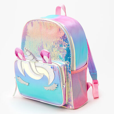 #ad Claire#x27;s Unicorn Iridescent Sequin Backpack Rainbow NWT $45.99