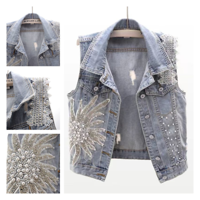 #ad Lady Denim Beaded Waistcoat Vest Embroidery Gilet Floral Lace Coat Jacket Vest $28.00