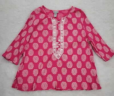 #ad Catherines Embroidered Boho V Neck Popover Shirt 2X Pink India Floral Button $16.88