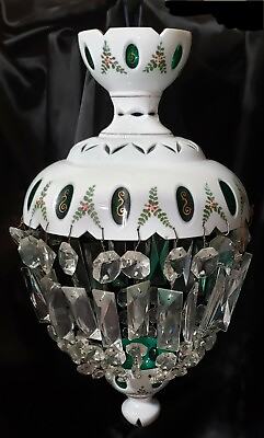 #ad Bohemian Czech White Glass Overlay Cut to Enamel Green Hanging Lamp w Prisms $450.00
