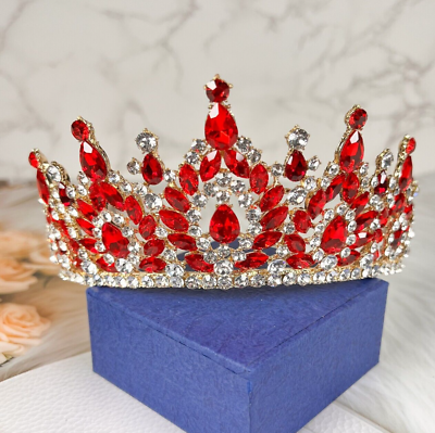 #ad Baroque Vintage Gold Crystal Tiara Wedding Gemstone Red Crown Homecoming Queen $34.99
