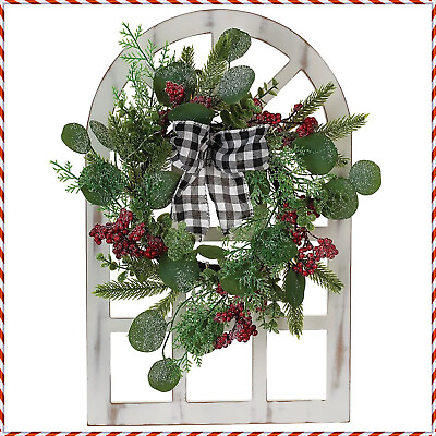 #ad Distressed Arched Windowpane w LED Lighted Christmas Eucalyptus Wreath TIMER $29.98