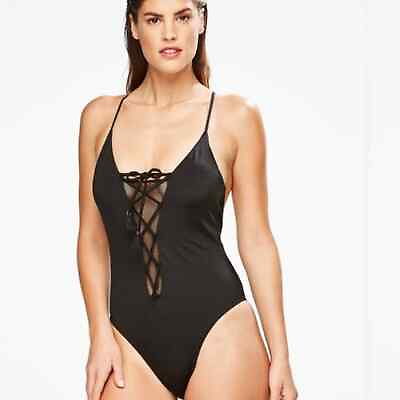 #ad NWT Hunkemoller Lace Up Swimsuit with Mesh in Black Size 38 $18.00