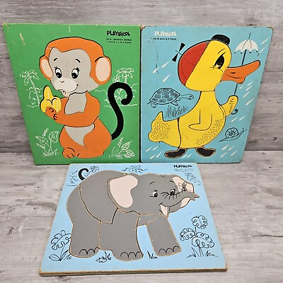 #ad Playskool Vtg Puzzles Wood Childrens Wooden Elly Elephant Monkey Shines Duck $15.99