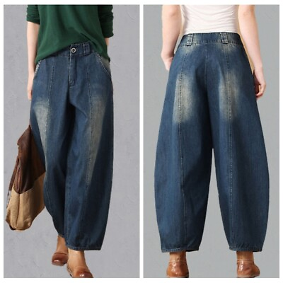 #ad Lady Denim Pants Bottom High Waist Casual Baggy Trousers Loose Faded Jeans $32.69