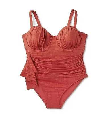 #ad Women#x27;s Embossed Dot Ruffle Medium Coverage One Piece Swimsuit RHODE Red 3X $15.99