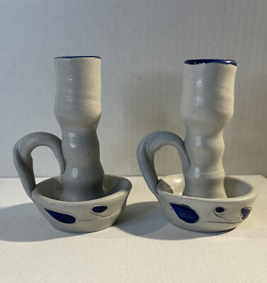 #ad Pair Williamsburg VA Pottery Chamber Stick Candle Holder 5quot; Salt Glazed Cobalt $21.00