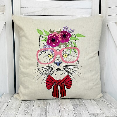 #ad Cat Throw Pillow Country Floral Hipster Cotton Linen Blend $20.00