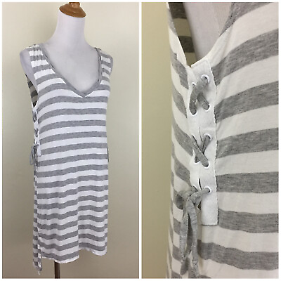 #ad SPLENDID Gray White Striped Lace Up Sides High Low Hem Dress Womens sz Medium $10.80