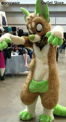 #ad Green Long Fur Husky Wolf Dog Mascot Costume Cosplay Dress Outfit Fursuit Xmas $538.34