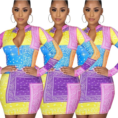 #ad New Women Stylish Long Sleeves Zipper Multicolor Print Patchwork Dress Clubwear $23.16