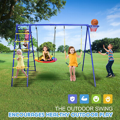 #ad 5 in 1 Metal Swing Set Playground Outdoor Climbing Kids Backyard Swing Seat Set $198.73
