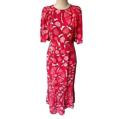 #ad RHODE Women#x27;s Large Zinnia Floral Print Bell Sleeve Midi Dress Red Size 6 $18.90