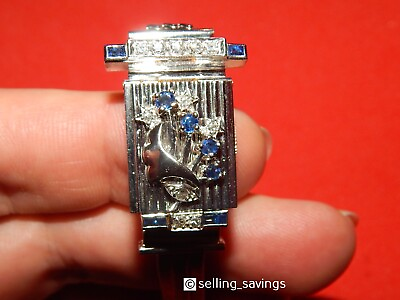 #ad 14K SOLID WHITE GOLD LUCIEN PICARD SAPPHIRE amp; DIAMOND FLORAL FLIP TOP WATCH $1995.00