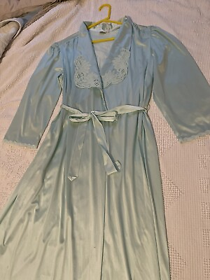 #ad Vintage Glamorous Aqua Satin Nightgown Robe with Lace Details USA Sz Large $49.00