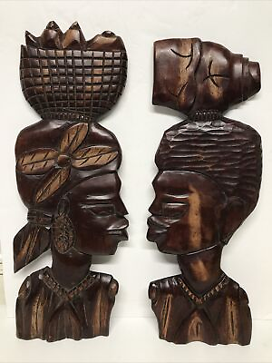 #ad AFRICAN Tiki TRIBAL WALL ART Man Woman Wood Plaque Hand Carved Pair Vintage $84.00