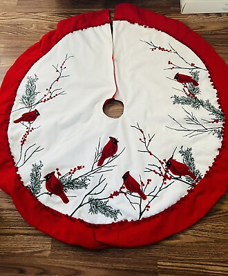 #ad Christmas Tree Skirt Red Cardinals Berries And Tree Branches $35.00