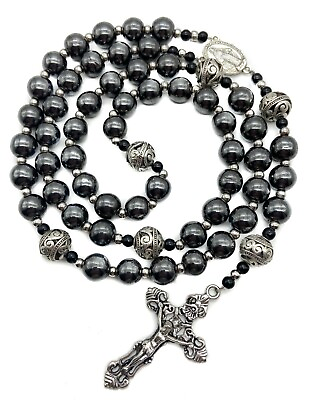 #ad Hematite Rosary Black Stone Beads Metal Beaded Necklace Mary Miraculous Medal $20.79