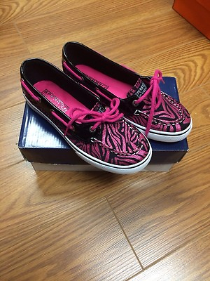 #ad New Girls Sperry Top Sider quot;Biscayne 1 Eye Pink Black quot;Sparkle Boat Shoes $28.00