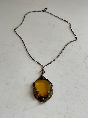 #ad Antique Pendant Necklace w Amber Color Crystal Stones w Foliage Decoration $75.00