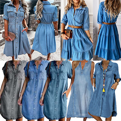 #ad Plus Size Womens Casual Long Sleeve Shirt Dress Ladies Loose Button Denim Dress $21.22