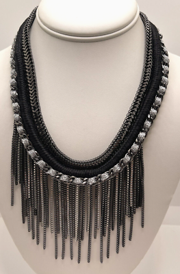 #ad Express Black Rope Silver Tone Dangle Chunky Choker 18quot; Necklace $9.99