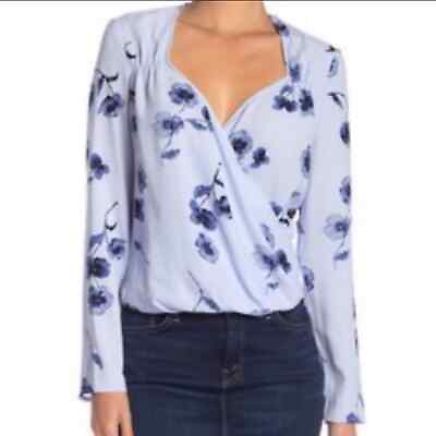 #ad Free Press Clothing Blue Floral Faux Wrap Long Sleeve Top Sz S $27.00