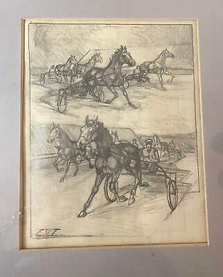 #ad antique original pencil drawing horse harness track racing realism EVT sketch $298.99