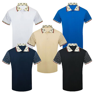 #ad Mens Polo Shirt Designer Print Collar and Sleeves Stretch NEW Casual Dress Golf $19.99