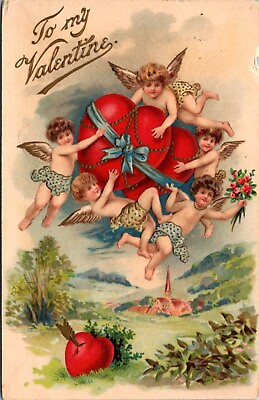 #ad Valentine#x27;s Day Postcard Cherub Angels Flying Large Hearts Wrapped in Ribbon $12.00
