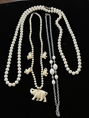 #ad Antique Ivory White Elephant Rose FLOWER Carved CELLULOID Necklace Set Of 3 $32.00