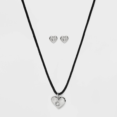 #ad Heart Cord and Ear Pendant Necklace Set 2pc Wild Fable™ Black Silver $12.50
